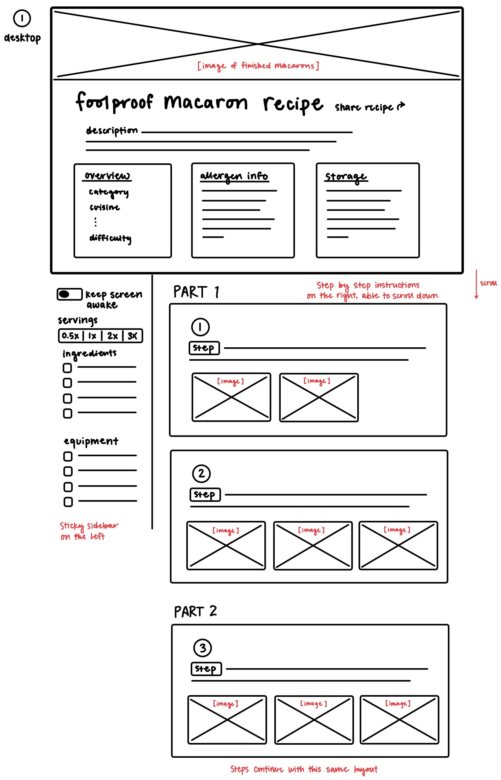 Desktop wireframe sketch showing a split-pane layout with a fixed ingredients sidebar on the left and scrolling steps on the right.
