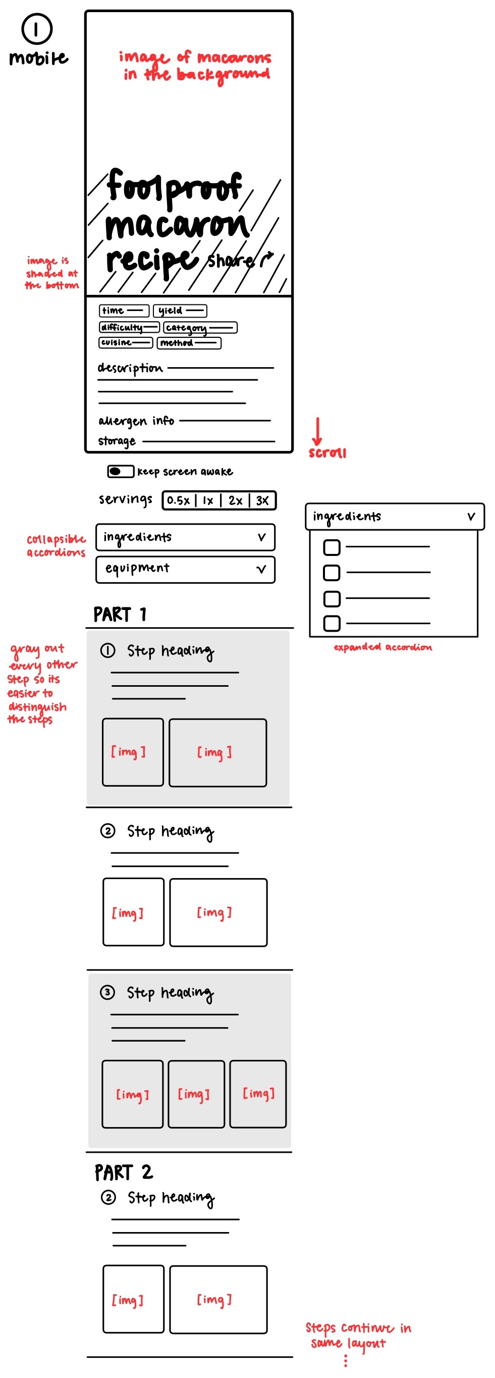 Mobile wireframe sketch showing a vertical stack where large, full-width images are prioritized and sit directly above their corresponding instruction text.